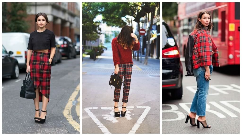 três looks usando o xadrez vermelho como estampa. seguindo correspondente uma saia, calça e blusa.