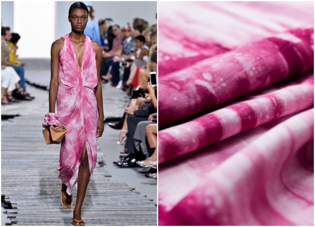 Look rosa ao lado do tecido Rayon Tie Dye.