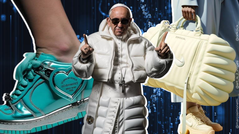 Papa Francisco utilizando uma jaqueta puffer oversized branca. A imagem foi gerada por inteligência artificial.