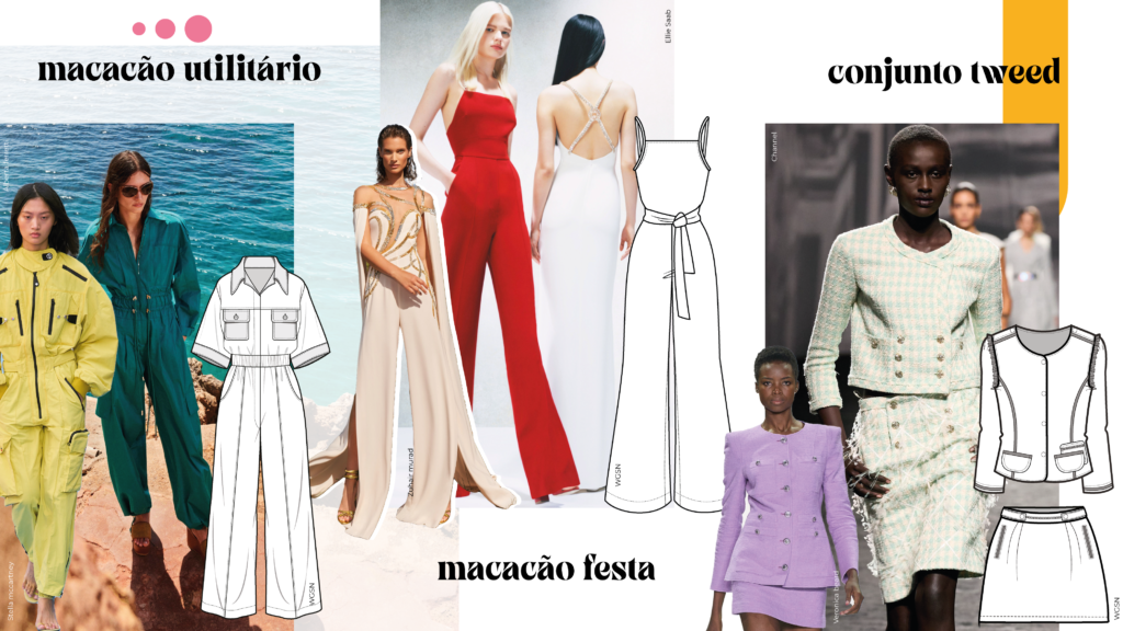 Modelos vestem peças inteiras com modelagens do Verão 2024, como o macacão festa, o macacão utilitário e o conjunto tweed.