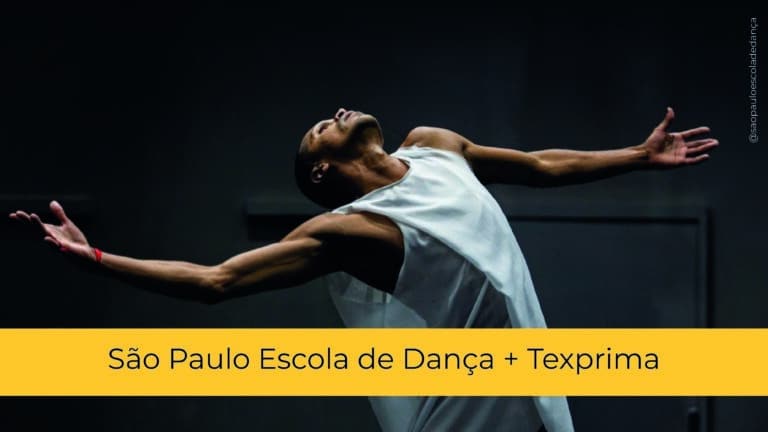 Homem em coreografia de dança, vestindo figurino com tecido Texprima em parceria com a São Paulo Escola de Dança.