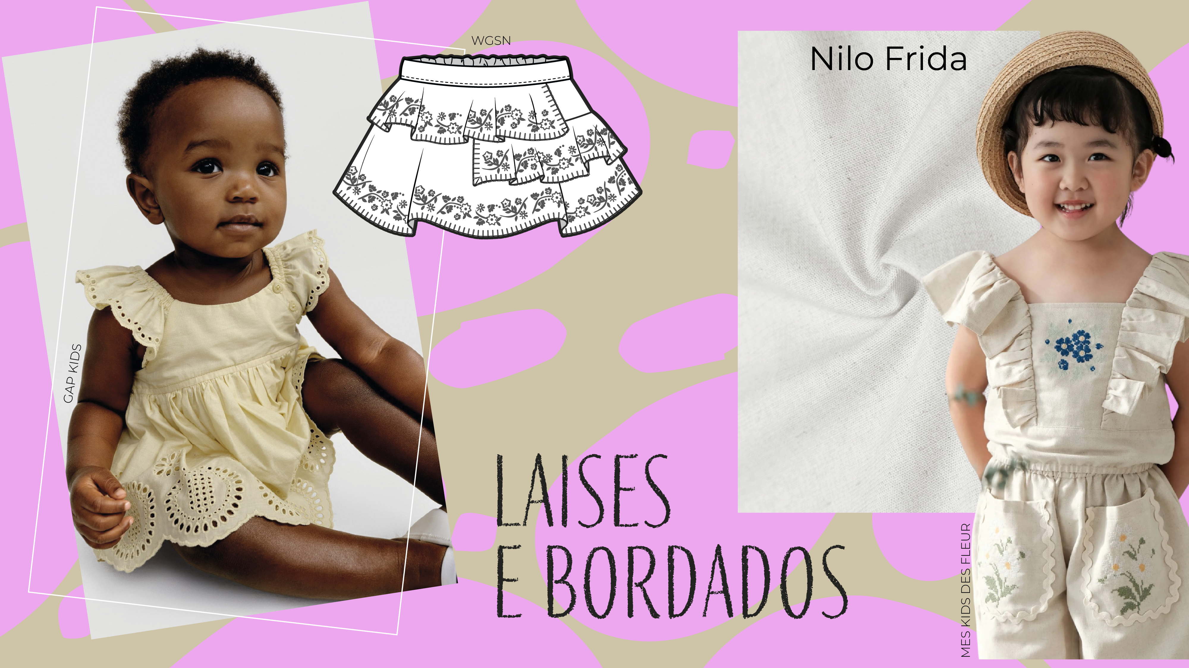 Moda Infantil Verão 26: Descubra as Tendências. A imagem mostra três elementos principais relacionados a roupas infantis com detalhes de laises e bordados. À esquerda, há uma criança usando um vestido amarelo claro com detalhes de laise nas mangas e na barra, da marca GAP Kids. No centro, há um desenho técnico de uma saia com camadas e bordados florais, identificado como WGSN. À direita, há uma criança usando um conjunto de blusa e short bege com bordados florais azuis e verdes, da marca Nilo Frida. O fundo da imagem é composto por padrões abstratos em tons de rosa e bege, e há o texto 'LAISES E BORDADOS' em destaque na parte inferior central.