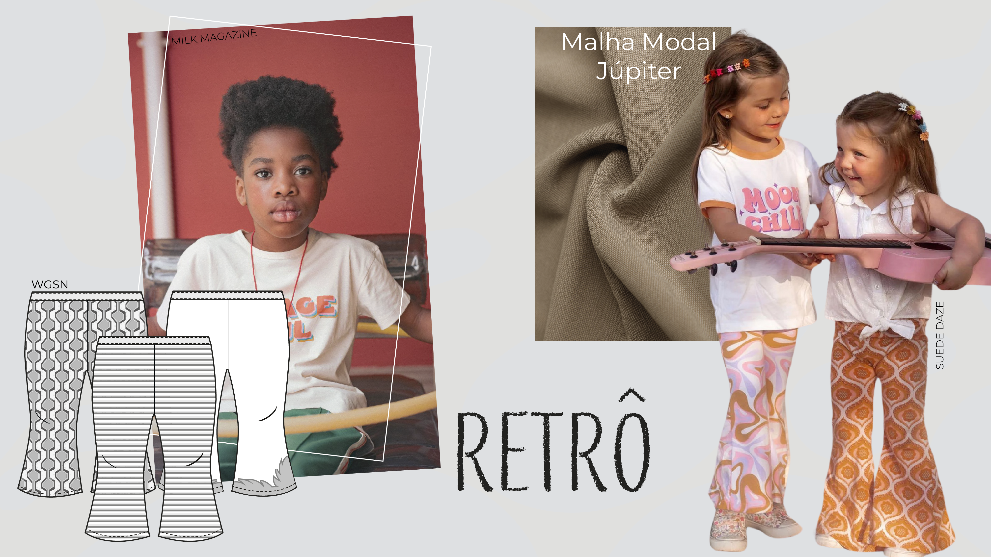 Moda Infantil Verão 26: Descubra as Tendências, conheça a tendência retrô pela imagem que mostra uma colagem de elementos relacionados à moda infantil com o tema retrô. No canto superior esquerdo, há uma foto de uma criança usando uma camiseta branca com a estampa 'MOON CHILL' e calças verdes, com o texto 'MILK MAGAZINE' no canto superior esquerdo da foto. No centro da imagem, há duas ilustrações de calças com padrões diferentes, uma com listras horizontais e outra com um padrão ondulado, com o texto 'WGSN' acima delas. No canto superior direito, há uma amostra de tecido marrom com o texto 'Malha Modal Júpiter'. No canto inferior direito, há duas crianças vestindo calças com padrões retrô e uma delas segurando um violão rosa. A palavra 'RETRÔ' está escrita na parte inferior central da imagem.