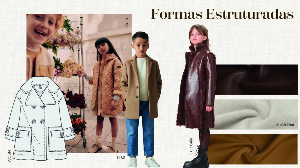 Formas Estruturadas, com volumes expressivos que dão presença aos looks infantis.